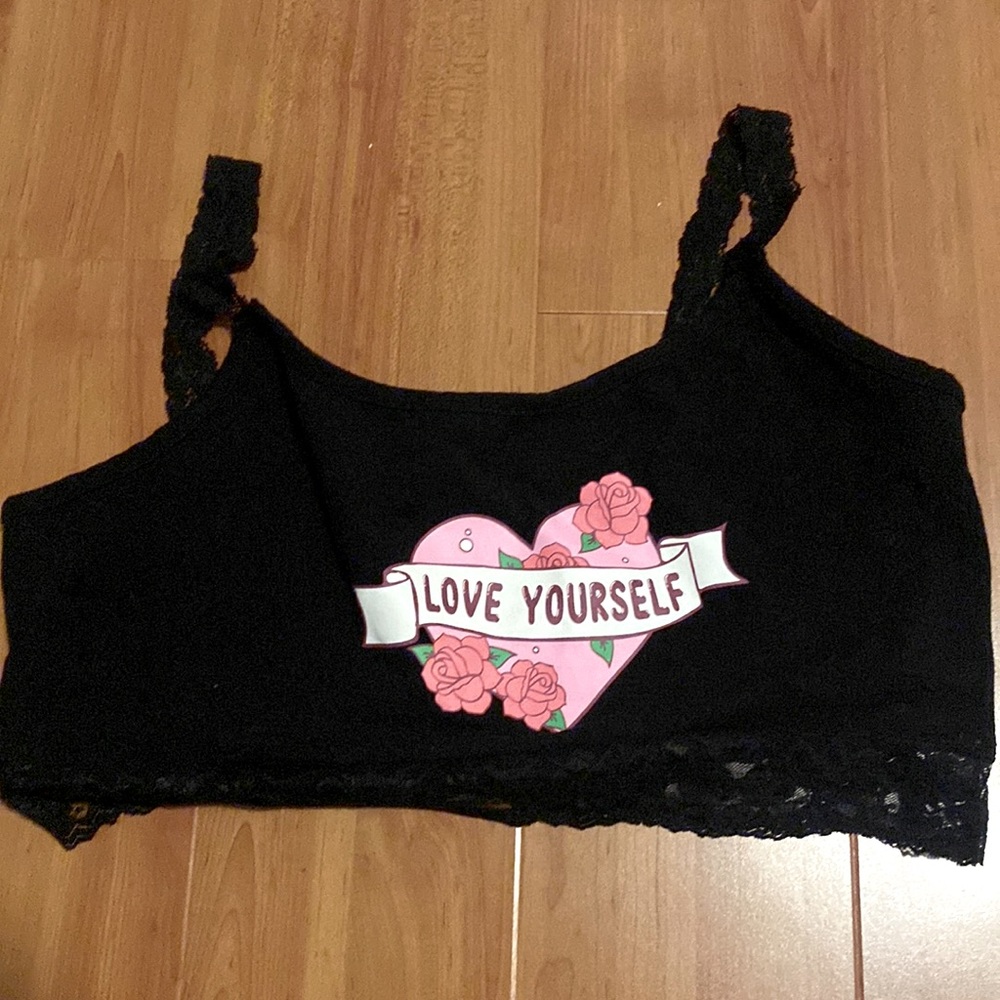 MIDNIGHT HOUR: black crop tank top with black lace straps and lining
